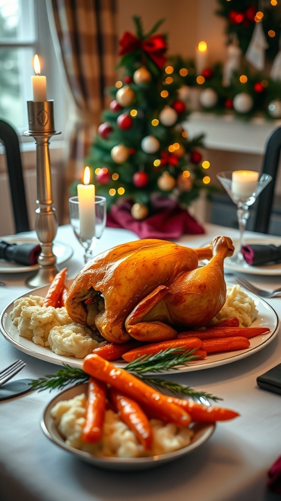 A romantic Christmas dinner table with roasted chicken, mashed potatoes, and glazed carrots, decorated with candles and festive decor.